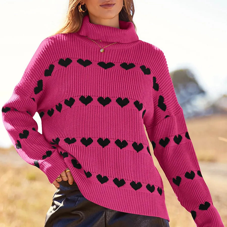 Valentine's Day Women's Heart Print Sweaters Long Sleeve Turtleneck Oversized Pullovers Casual Knit Tops