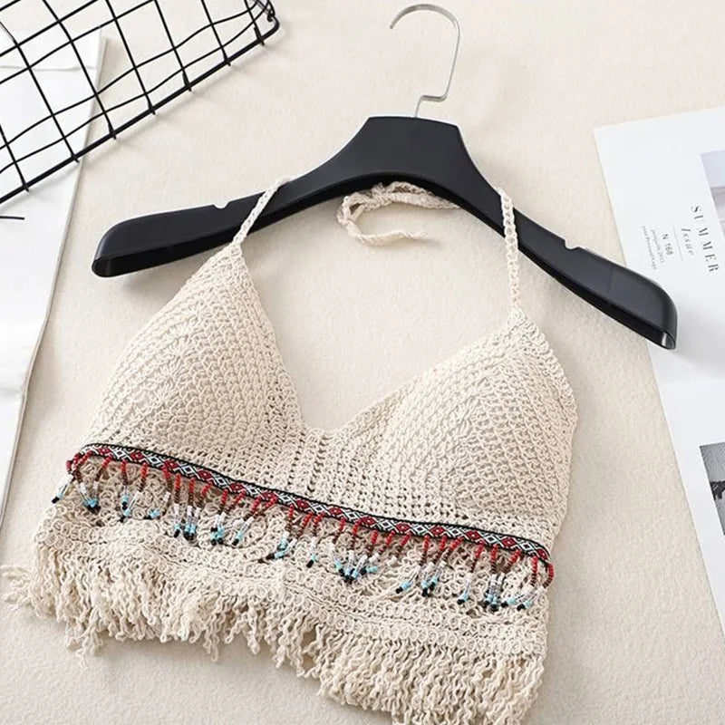 Sexy Boho Beach Holid Camisole Halter Crochet Knit Swimsuit Bra Backless Vest Hollow Tassel Tank Top Women's Crop Tops