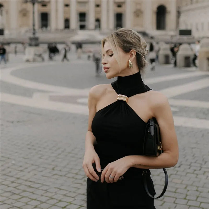 Turtleneck Basic Knit Tank Tops Women Vest Pullovers Metal Ring Camisole Sleeveless Skinny Knitted Tops