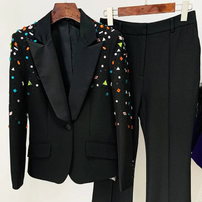White PantSuits Women handmade Beading Color Diamond Sequined Elegant Two Piece Sets Flare Pants Trousers Set Punk Suit
