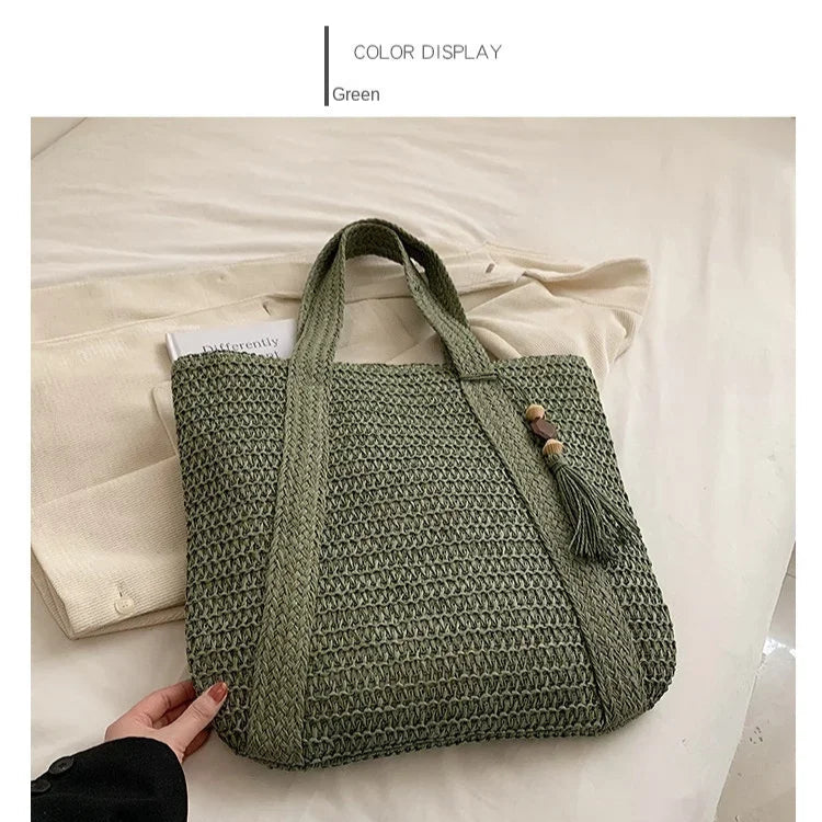 Elegant Ladies Straw Woven Handbag Women Holiday Beach Commute Casual Tote Top-Handle Bags Fashion Retro Shoulder Bags