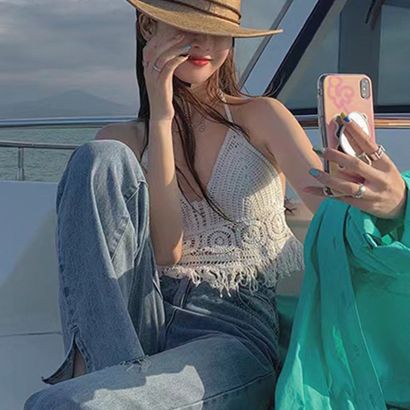 Sexy Boho Beach Holid Camisole Halter Crochet Knit Swimsuit Bra Backless Vest Hollow Tassel Tank Top Women's Crop Tops
