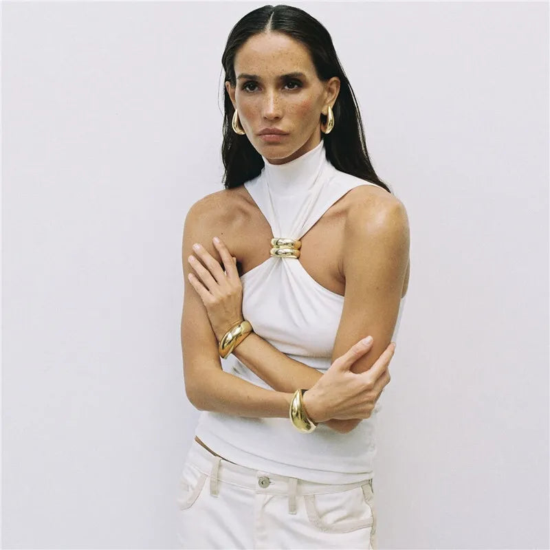 Turtleneck Basic Knit Tank Tops Women Vest Pullovers Metal Ring Camisole Sleeveless Skinny Knitted Tops