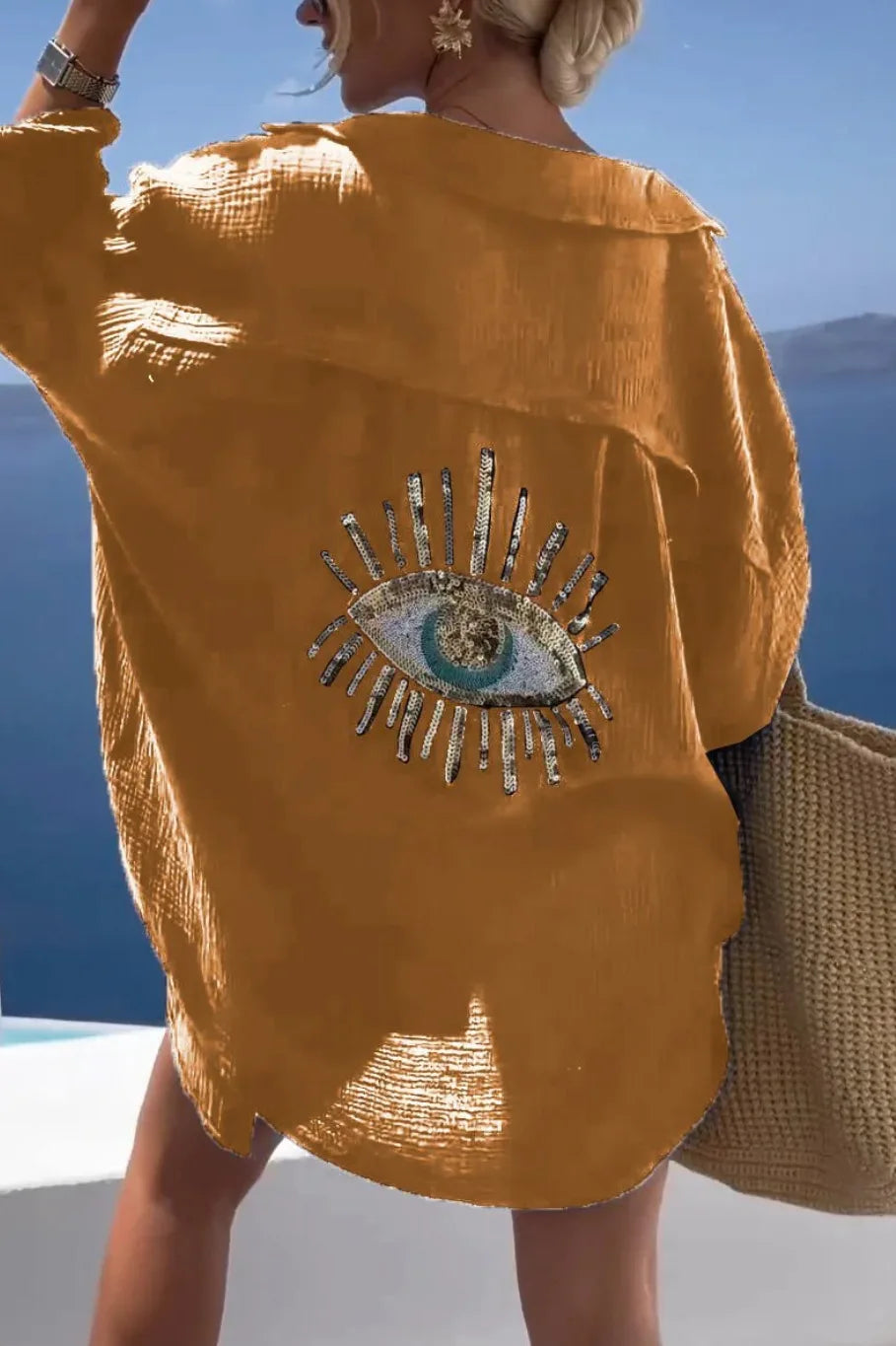 Casual Sequin Eye Shirt Dresses - Beach Style Loose Button Sun Protection - Cotton Linen Shirt Dress