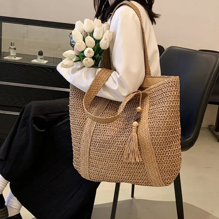 Elegant Ladies Straw Woven Handbag Women Holiday Beach Commute Casual Tote Top-Handle Bags Fashion Retro Shoulder Bags