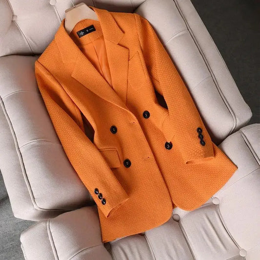 Formal Blazer Ladies Female Orange - Black - Green - Plaid Long Sleeve Single Breasted Work Wear Jacket Coat For Autumn Winter