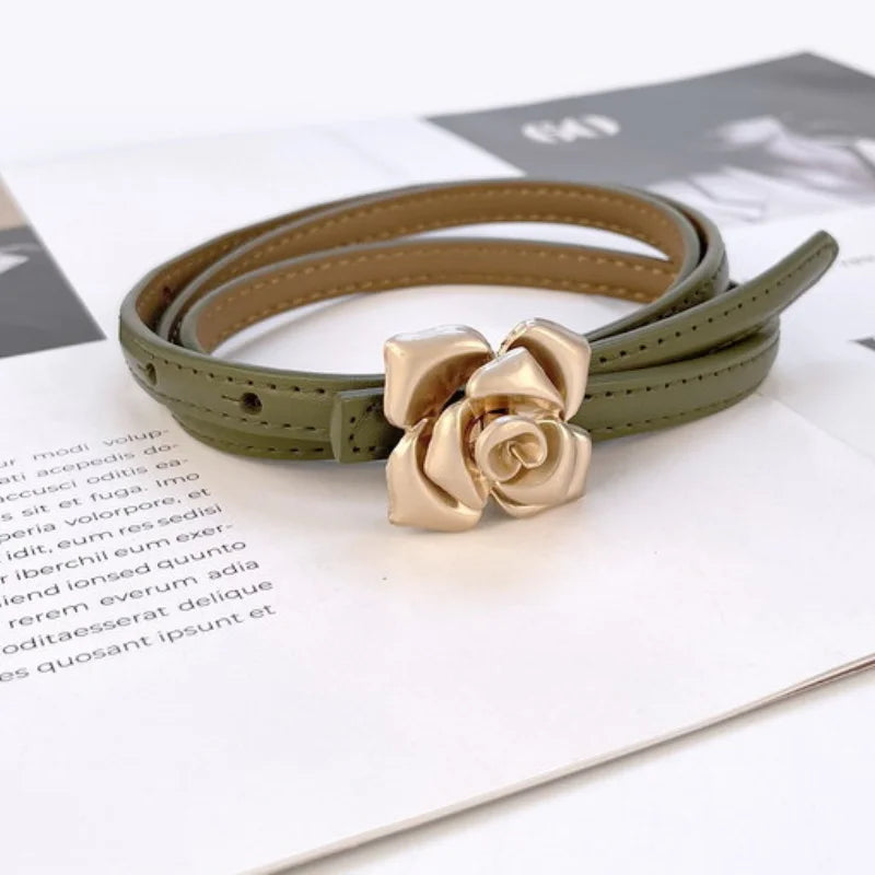 New Unique Rose Genuine Leather Gold Belt Women Fashion Cowskin Flower Thin Belts Female Jeans Dress Waistband