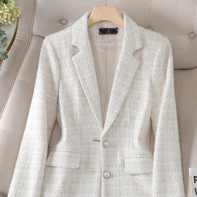 Long Sleeve Women Blazer - Ladies Pink & Beige Plaid Female Casual Jacket Coat