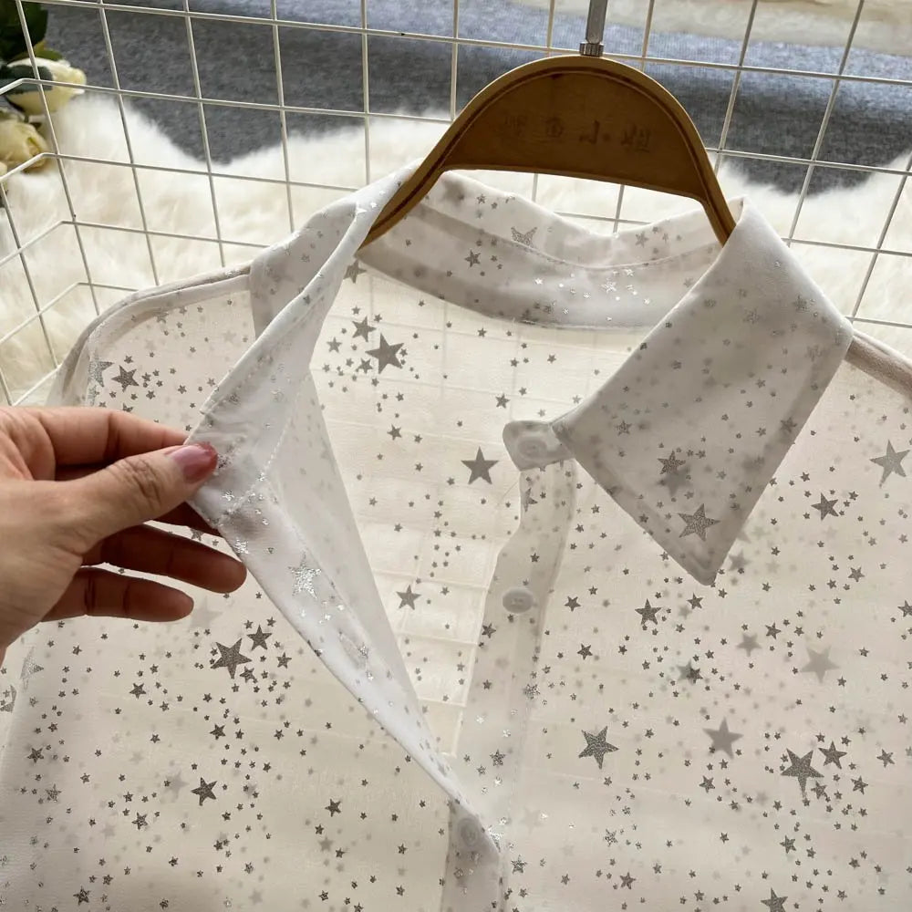 Sequins Lapel Shirt Women - Elegant Loose Long Sleeve Transparent Blose - Casual Shine Blouse
