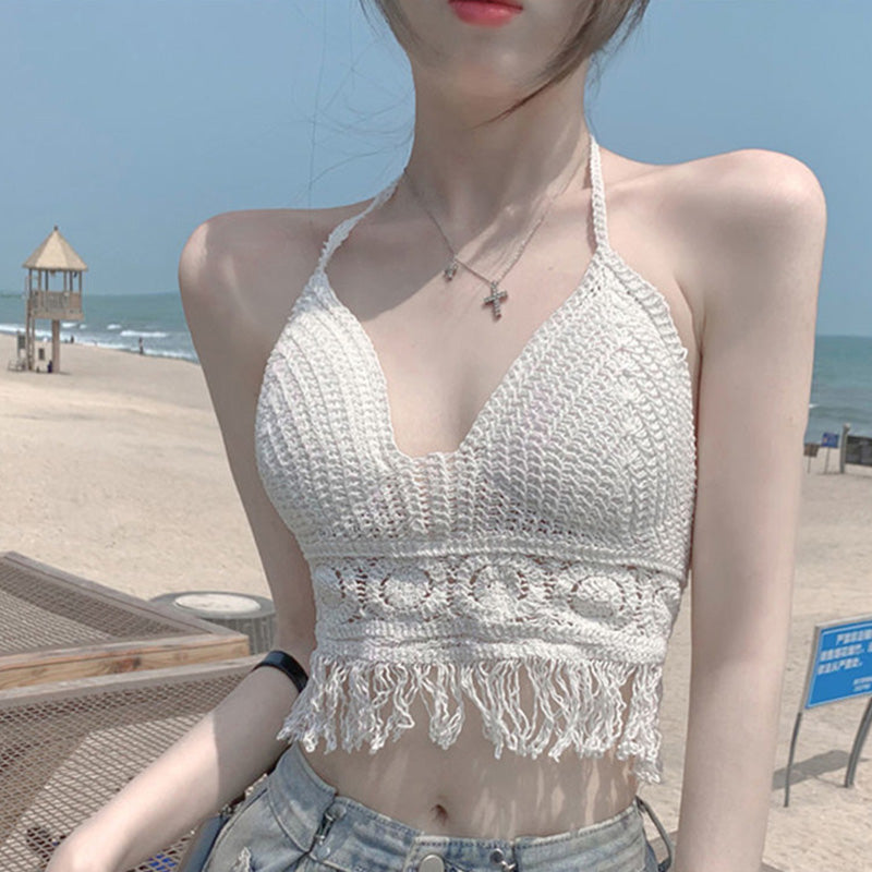 Sexy Boho Beach Holid Camisole Halter Crochet Knit Swimsuit Bra Backless Vest Hollow Tassel Tank Top Women's Crop Tops