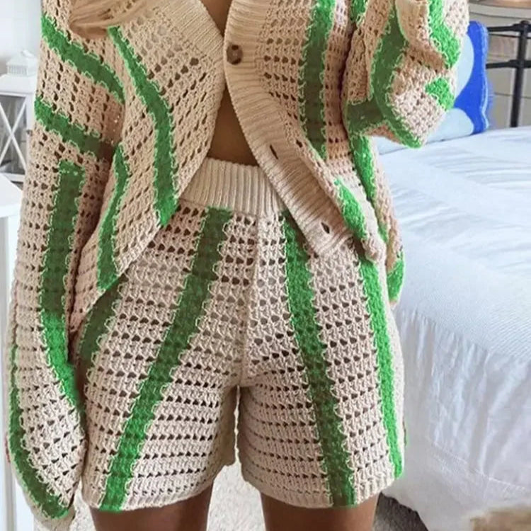 2-piece set of crochet striped shirts with V-neck, half sleeves, and wide-leg pants, summer beach vacation outfits