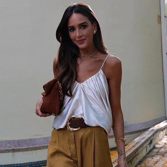 Elegant Women Vest Pants Set Solid Sling V-neck Backless Tops Belt Zipper Wide Leg Long Trouser Lady Suit