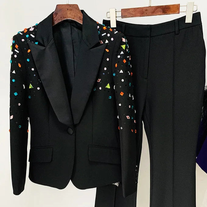 White PantSuits Women handmade Beading Color Diamond Sequined Elegant Two Piece Sets Flare Pants Trousers Set Punk Suit