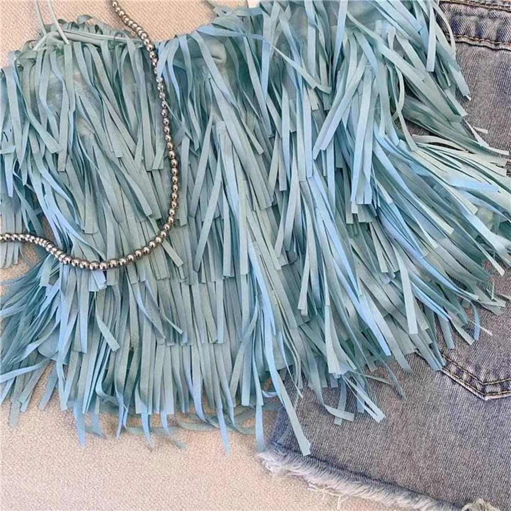 Sexy Fringed Halter Top Women's Summer New Blue Fashion Small Top Trendy Tassel Strap Vest Soft Tulle