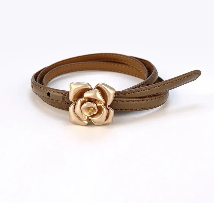 New Unique Rose Genuine Leather Gold Belt Women Fashion Cowskin Flower Thin Belts Female Jeans Dress Waistband