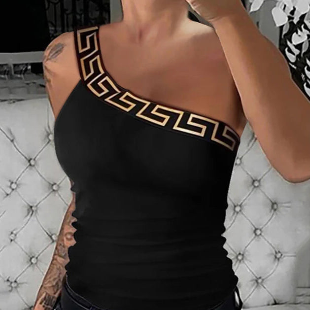 Geometric Pattern One Shoulder Sleeveless - Sexy Tight Crop Tops - Black One Sleeve Top