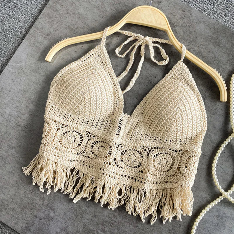 Sexy Boho Beach Holid Camisole Halter Crochet Knit Swimsuit Bra Backless Vest Hollow Tassel Tank Top Women's Crop Tops