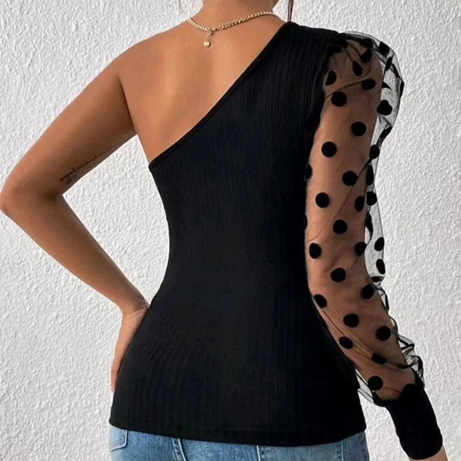 Slanted Shoulder Single Sleeve Polka Dots - Mesh Patchwork Long Sleeved Waist Cinched Women's Top