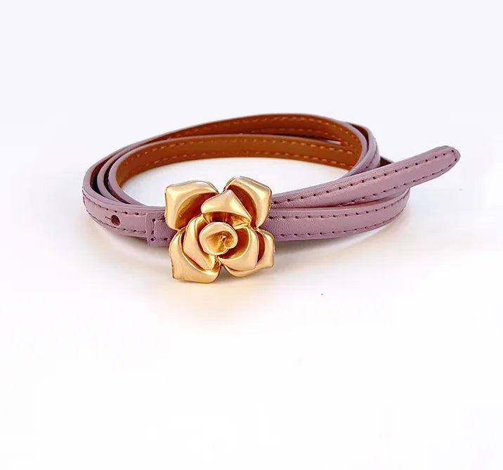 New Unique Rose Genuine Leather Gold Belt Women Fashion Cowskin Flower Thin Belts Female Jeans Dress Waistband