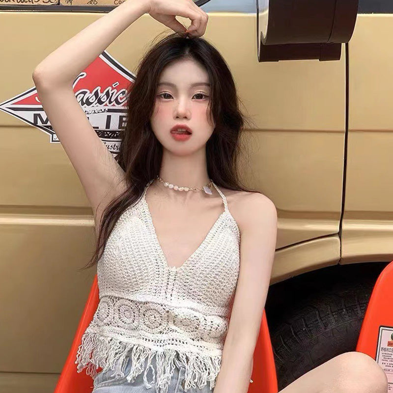 Sexy Boho Beach Holid Camisole Halter Crochet Knit Swimsuit Bra Backless Vest Hollow Tassel Tank Top Women's Crop Tops