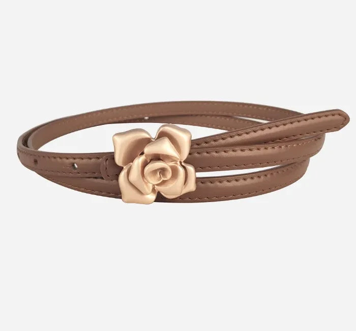 New Unique Rose Genuine Leather Gold Belt Women Fashion Cowskin Flower Thin Belts Female Jeans Dress Waistband
