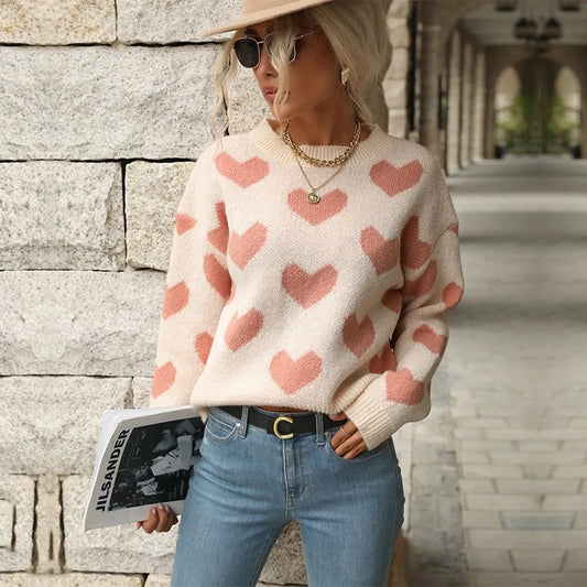 Sweet And Caring Women's Long Sleeved Sweater - Valentine's Day Casual Pink Sweater Round Neck