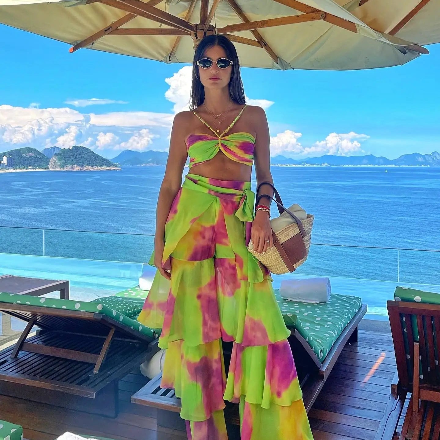 Sexy Print 3 Pics Women Bikini Set With Pants Pleated Bra High Waist Hollow Out Wide Leg Pants Suit Summer Beach Swimsuit