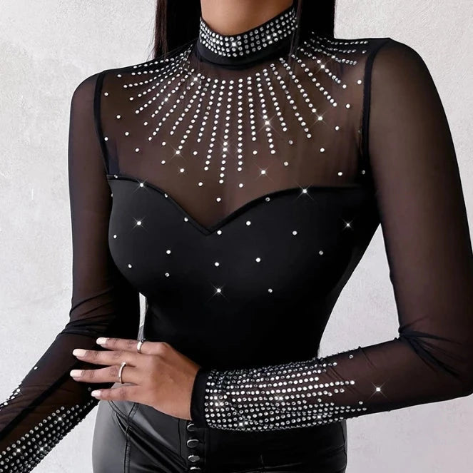 Sexy Bodysuit Women - Mock Neck Long Sleeve Rhinestone Decor Sheer - Mesh Patch Bodysuits Casual Skinny Top