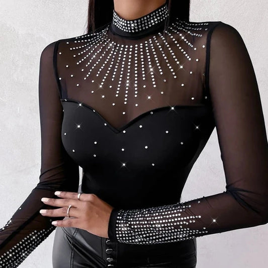 Sexy Bodysuit Women - Mock Neck Long Sleeve Rhinestone Decor Sheer - Mesh Patch Bodysuits Casual Skinny Top