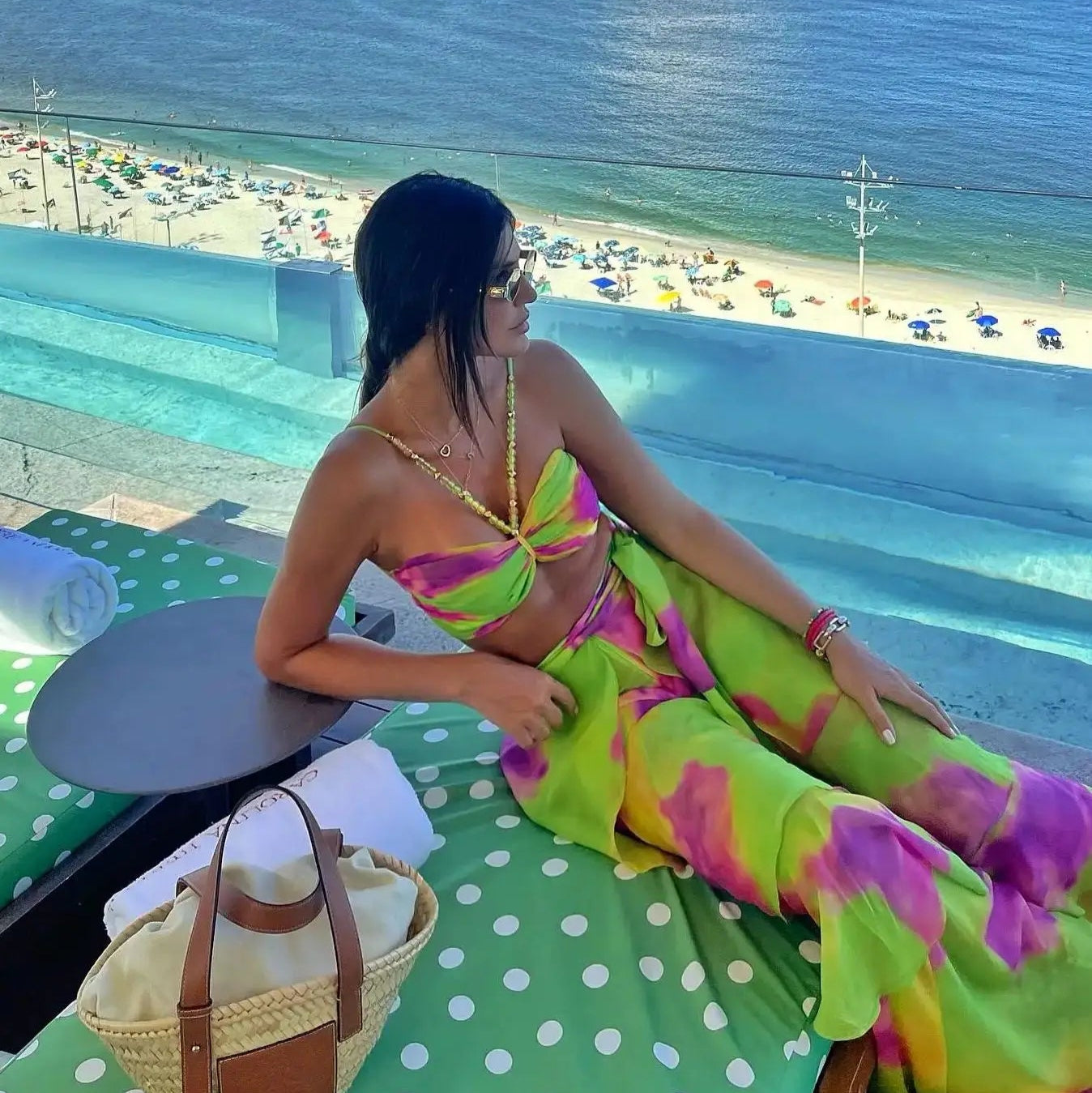 Sexy Print 3 Pics Women Bikini Set With Pants Pleated Bra High Waist Hollow Out Wide Leg Pants Suit Summer Beach Swimsuit