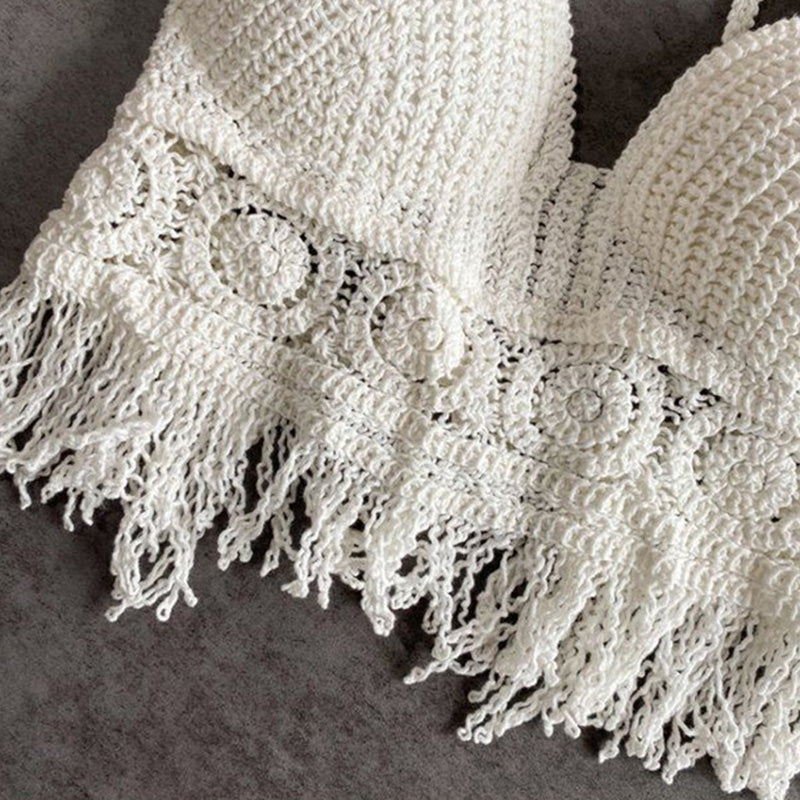 Sexy Boho Beach Holid Camisole Halter Crochet Knit Swimsuit Bra Backless Vest Hollow Tassel Tank Top Women's Crop Tops