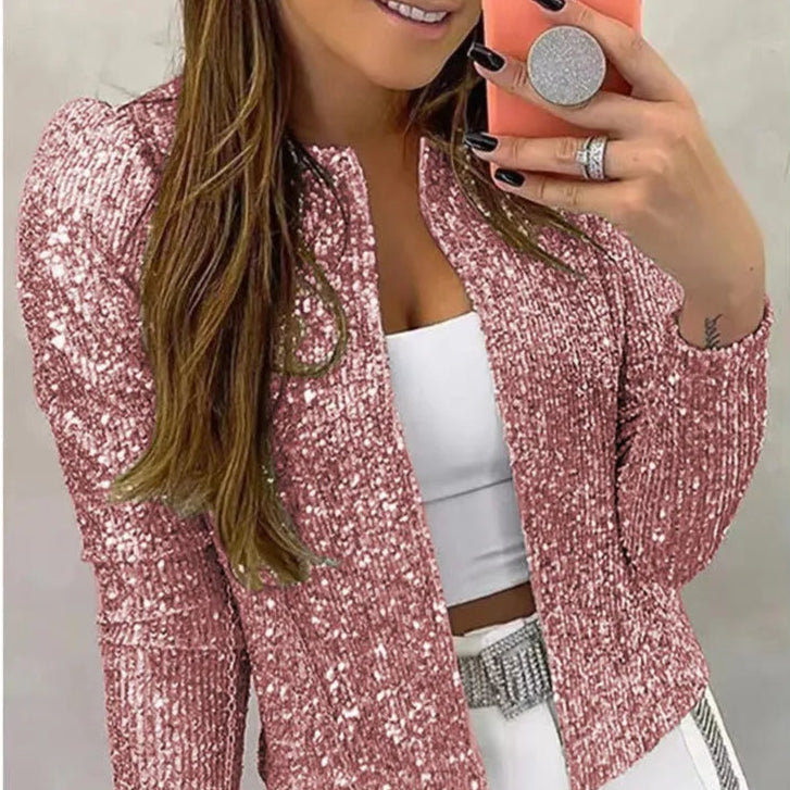 Women Glitter  Sequin Sparkle Jacket  Shiny Long Sleeve Zip Blazer