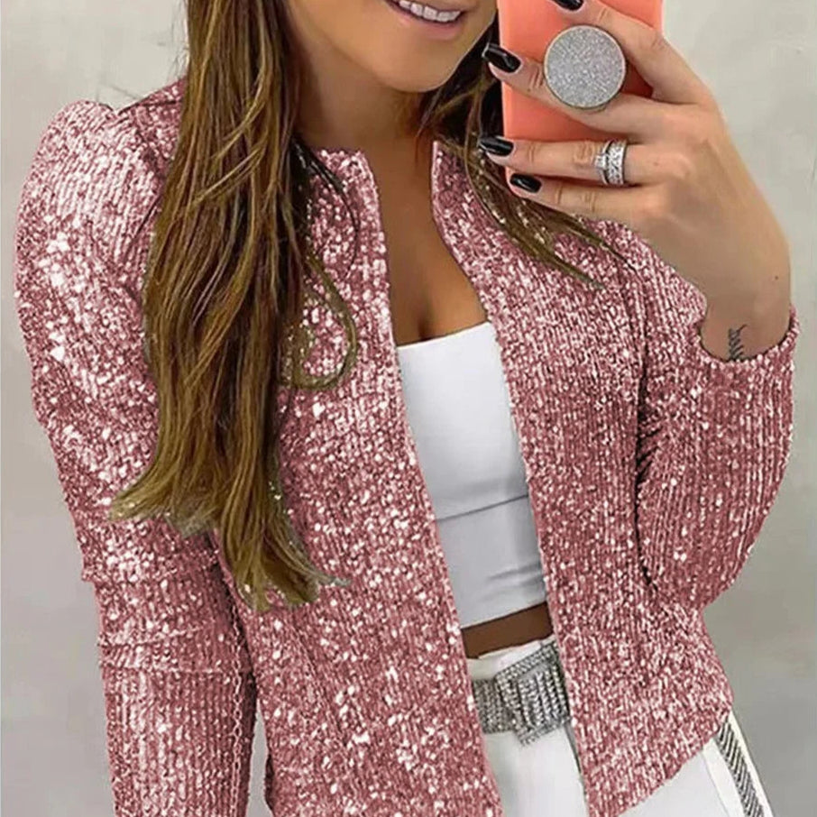 Women Glitter  Sequin Sparkle Jacket  Shiny Long Sleeve Zip Blazer