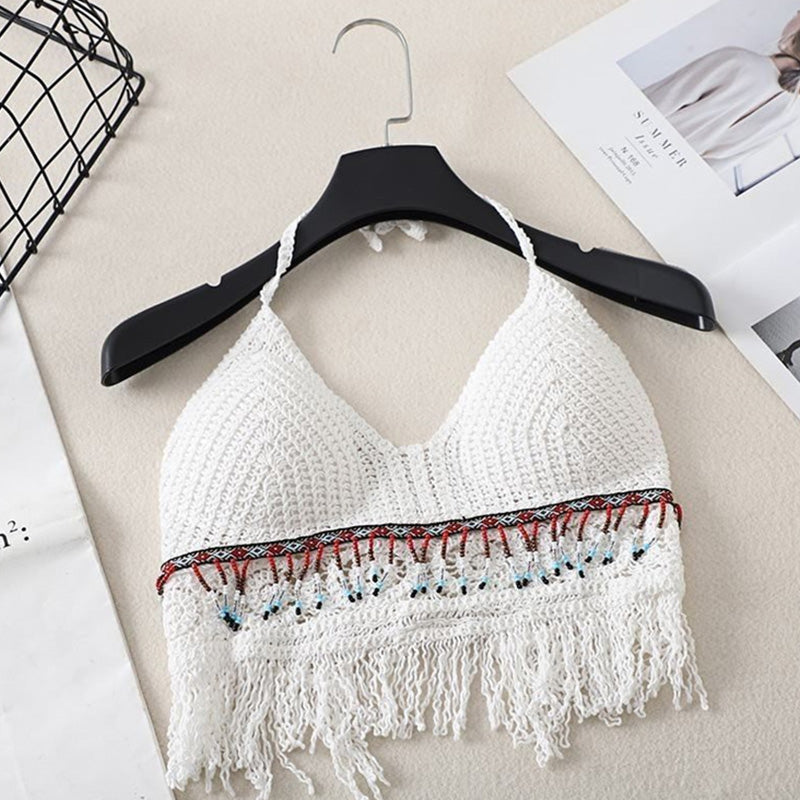 Sexy Boho Beach Holid Camisole Halter Crochet Knit Swimsuit Bra Backless Vest Hollow Tassel Tank Top Women's Crop Tops
