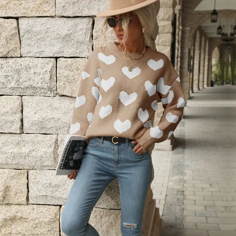 Sweet And Caring Women's Long Sleeved Sweater - Valentine's Day Casual Pink Sweater Round Neck