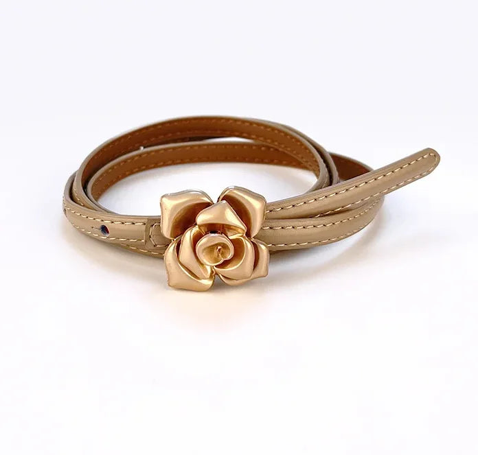New Unique Rose Genuine Leather Gold Belt Women Fashion Cowskin Flower Thin Belts Female Jeans Dress Waistband