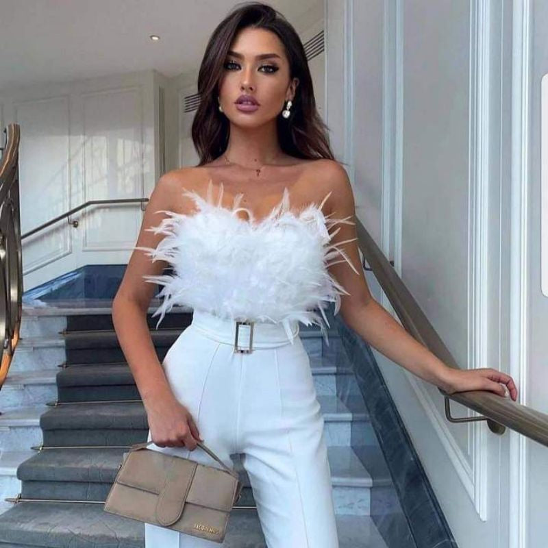Elegant Jumpsuit Women Sleeveless Off Shoulder Plush Feather Belt Buckle Long Romper Chic High Waist Straight Leg Jumpsuit