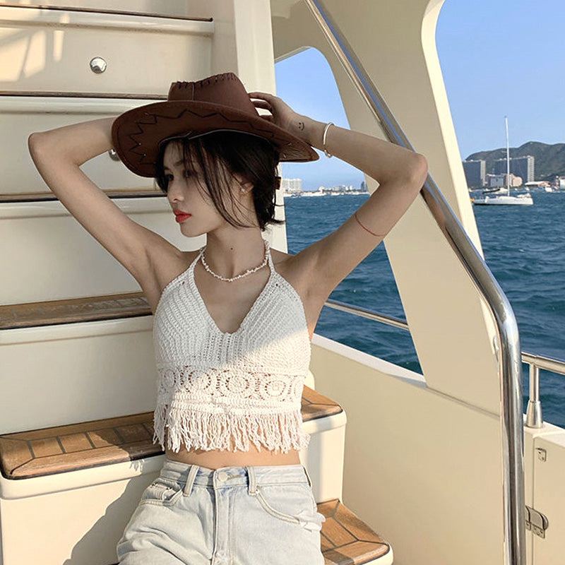 Sexy Boho Beach Holid Camisole Halter Crochet Knit Swimsuit Bra Backless Vest Hollow Tassel Tank Top Women's Crop Tops