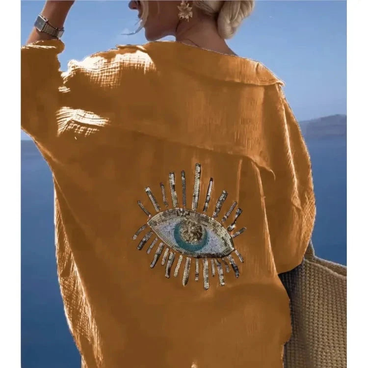 Casual Sequin Eye Shirt Dresses - Beach Style Loose Button Sun Protection - Cotton Linen Shirt Dress