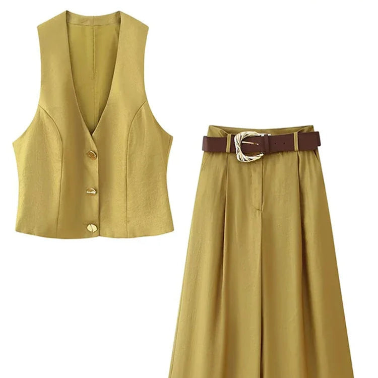 Elegant Women Vest Pants Set Solid Sling V-neck Backless Tops Belt Zipper Wide Leg Long Trouser Lady Suit