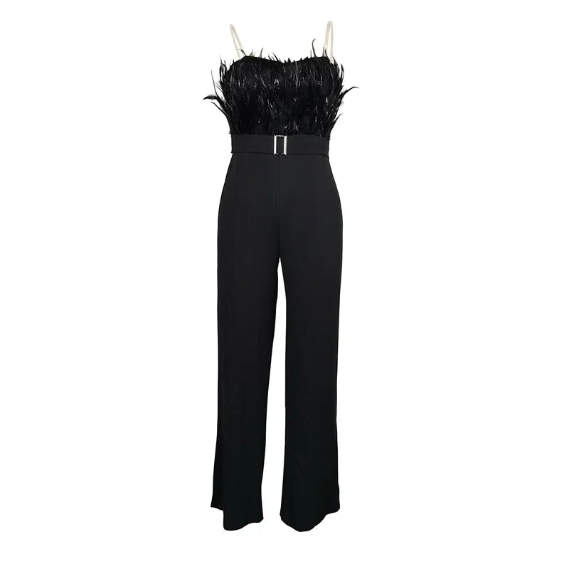 Elegant Jumpsuit Women Sleeveless Off Shoulder Plush Feather Belt Buckle Long Romper Chic High Waist Straight Leg Jumpsuit