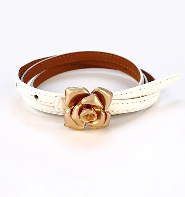 New Unique Rose Genuine Leather Gold Belt Women Fashion Cowskin Flower Thin Belts Female Jeans Dress Waistband