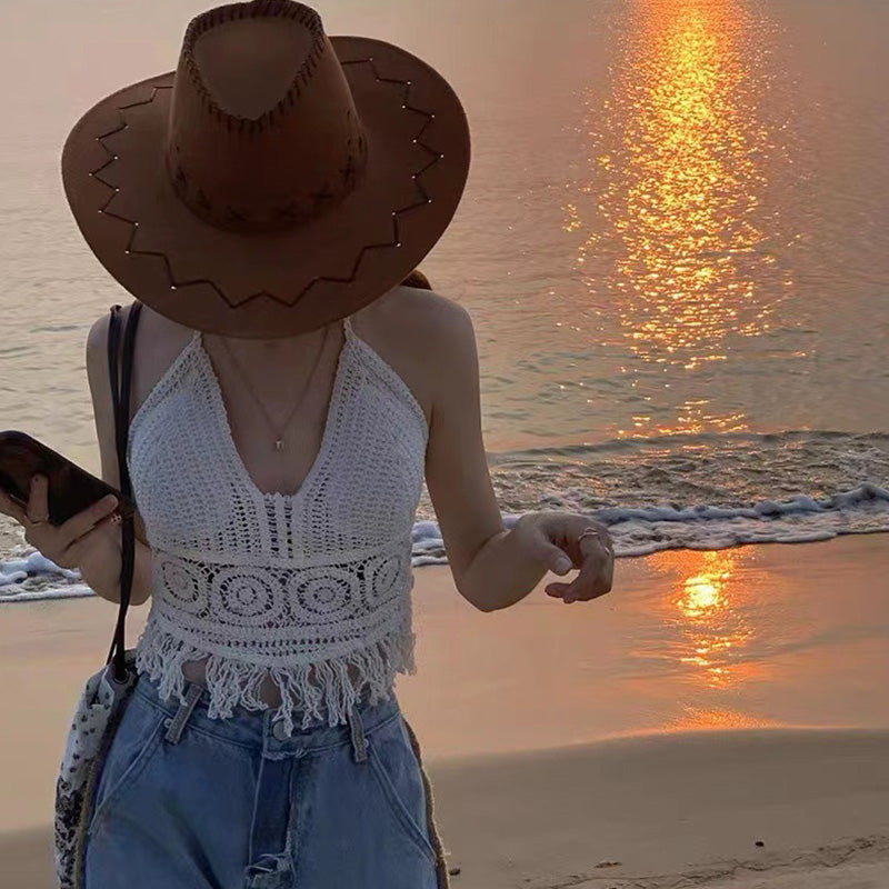 Sexy Boho Beach Holid Camisole Halter Crochet Knit Swimsuit Bra Backless Vest Hollow Tassel Tank Top Women's Crop Tops