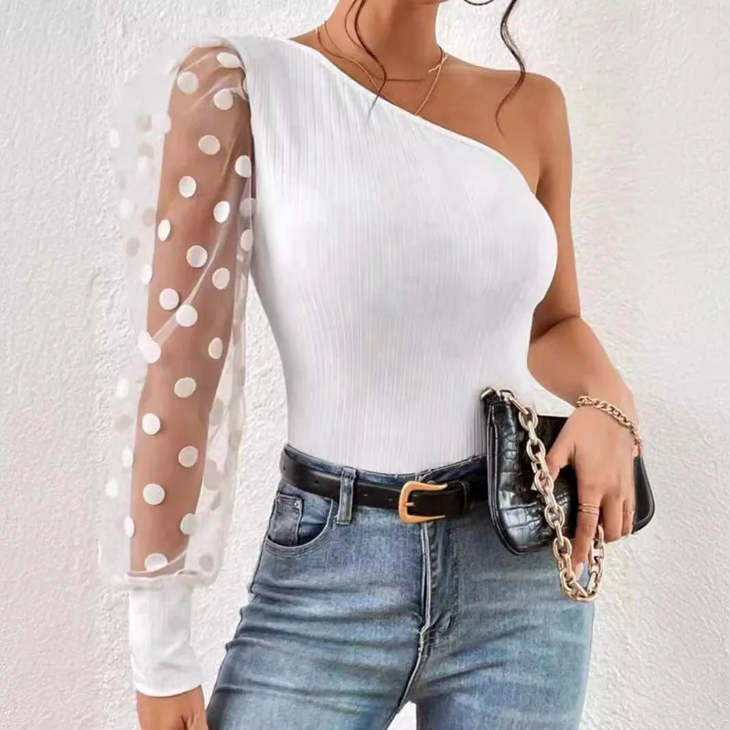 Slanted Shoulder Single Sleeve Polka Dots - Mesh Patchwork Long Sleeved Waist Cinched Women's Top