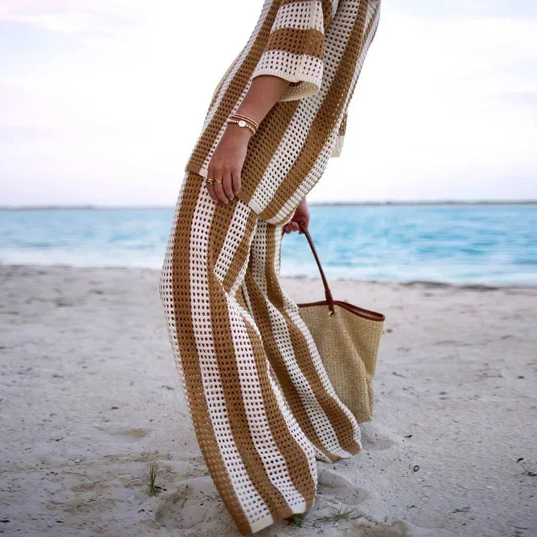 2-piece set of crochet striped shirts with V-neck, half sleeves, and wide-leg pants, summer beach vacation outfits