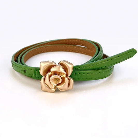 New Unique Rose Genuine Leather Gold Belt Women Fashion Cowskin Flower Thin Belts Female Jeans Dress Waistband