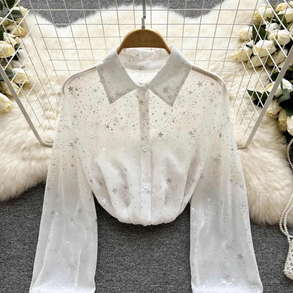 Sequins Lapel Shirt Women - Elegant Loose Long Sleeve Transparent Blose - Casual Shine Blouse