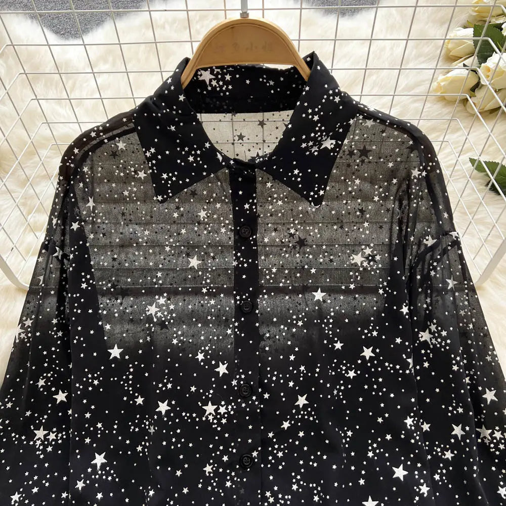 Sequins Lapel Shirt Women - Elegant Loose Long Sleeve Transparent Blose - Casual Shine Blouse