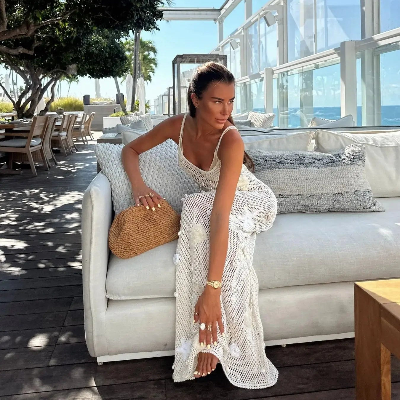 Sexy Women Pearl Maxi Dresses Sleeveless Cover Up 3D Knit Flower Dress Summer Party Evening