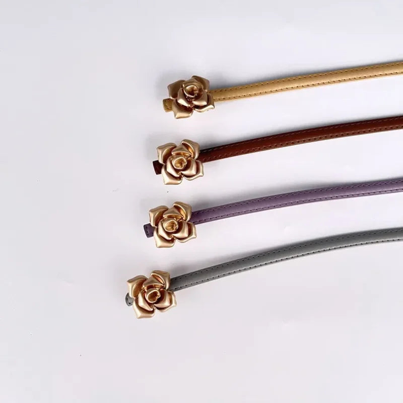 New Unique Rose Genuine Leather Gold Belt Women Fashion Cowskin Flower Thin Belts Female Jeans Dress Waistband